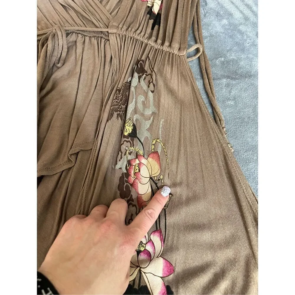 Guess Cover Up Womens Size Small Brown‎ Pink Floral Tie Waist Asymmetrical Hem